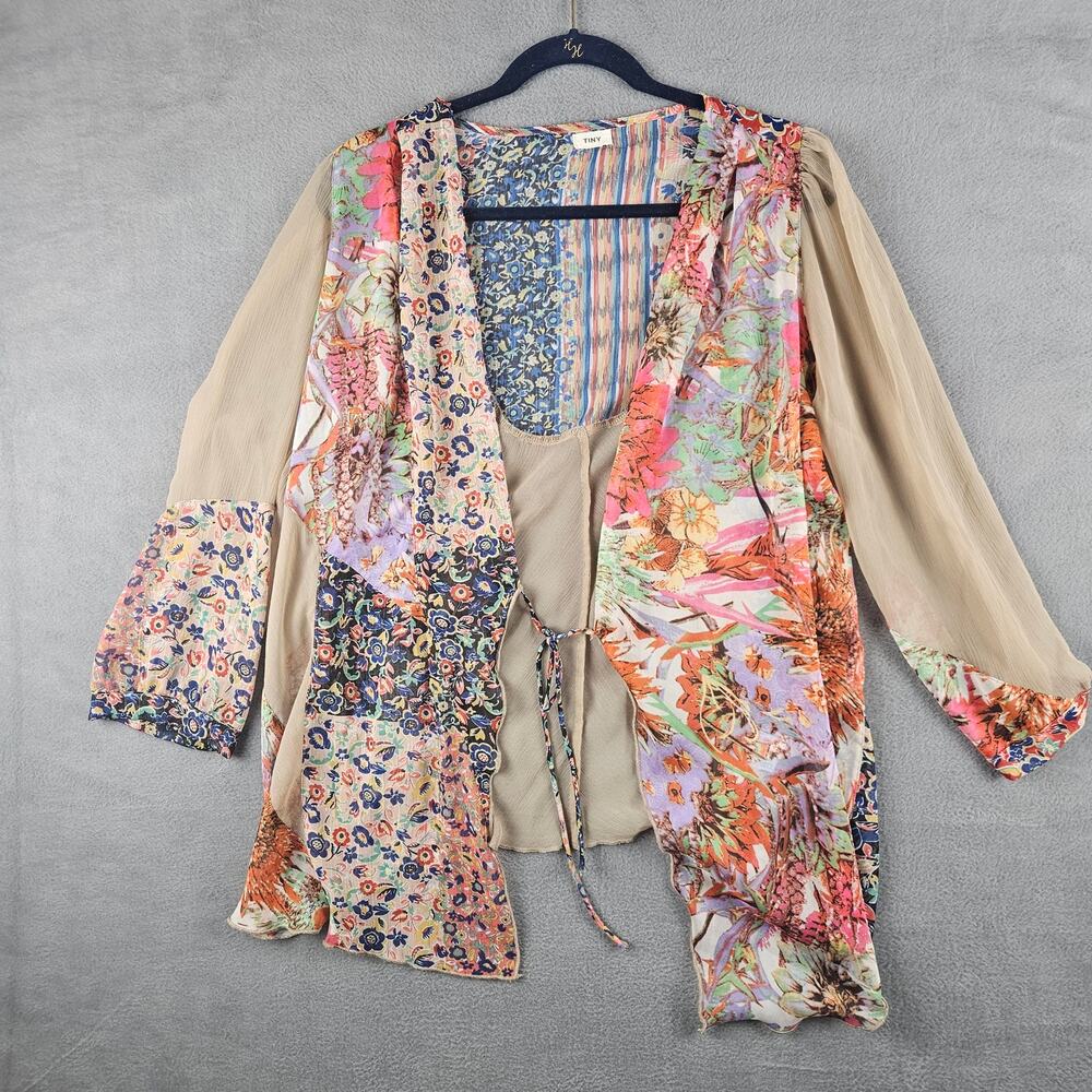 Tiny Anthropologie Patchwork Boho Sheer Kimono Cardigan Floral Open Front Top OS